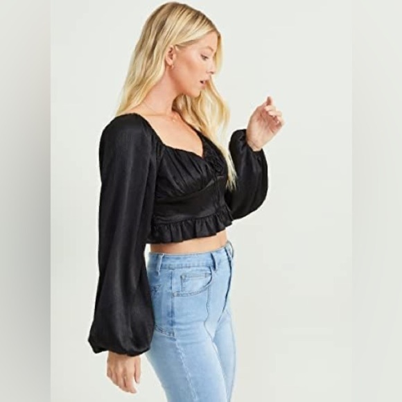 ALTAR’D State Black Sandi Satin Top with Cuffed Sleeves and Open Neckline - Picture 1 of 9